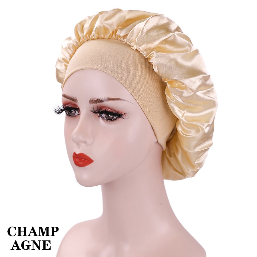 Wide Elastic Band Women Satin Night Sleep Cap Hair Bonnet Hat Silk Head Cover Women&#39;s Satin Solid Sleeping Hat Night Sleep Cap: CHAMPAGNE