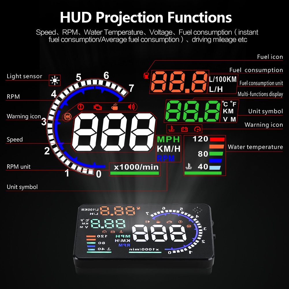 Pantalla Digital HUD A8 OBD OBD2 para coche, velocímetro Digital para parabrisas, proyector, alarma de fatiga, indicador OBD de velocidad de combustible, pantalla obd2