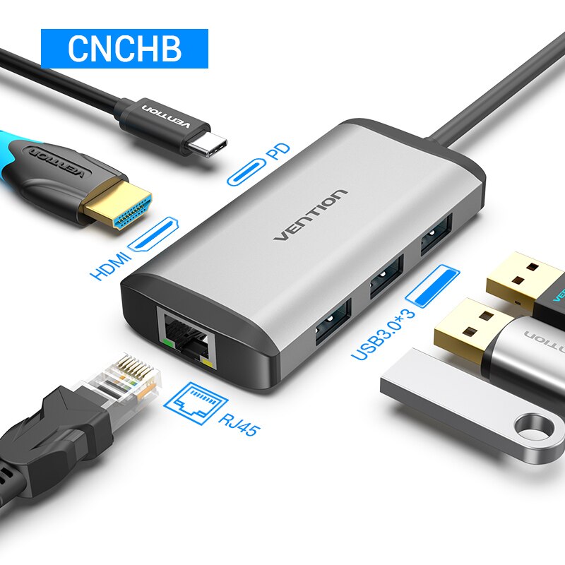 Vention USB HUB C HUB to Multi USB 3.0 HUB HDMI VGA PD Adapter Dock for MacBook Pro USB-C Type C 3.1 Splitter 3 Port USB C HUB: RJ45 6-in-1 CNC
