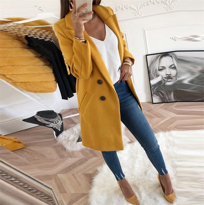 ELSVIOS Herfst Winter Turn-Down Kraag Blend Jas Vrouwen Lange Wollen solid Jasje Vrouwelijke Toevallige knoppen Jas Windbreake 5XL