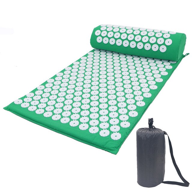 Acupressure Massager Mat Relief Tension Body Soft Yoga Mat Relaxation Relieve Body Stress Pain Spike Cushion Mat with Pillow&Bag: Green 1 with bag