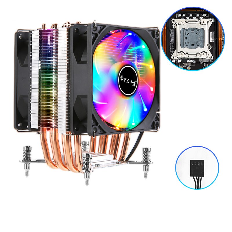 Kllisre 4 Heat Pipes CPU Cooler 4Pin RGB PC Quiet Intel LGA LGA -3 X79 X99 CPU Cooling Fan: Multicoloured 2 fan