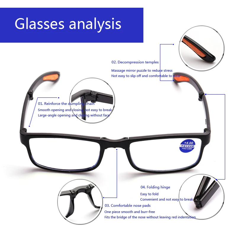 Gafas de lectura plegables dioptrías + 1,0 a + 4,0, gafas para presbicia con luz azul con estuche portátil, gafas TR90 para hombres y mujeres