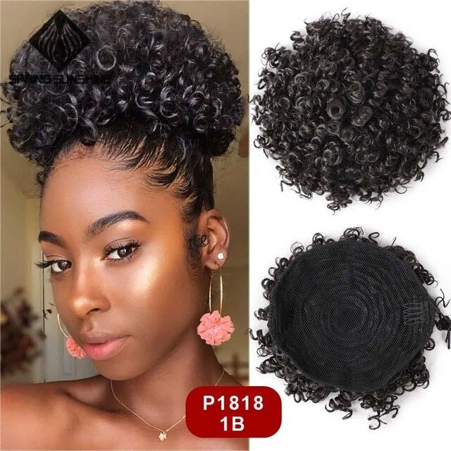 6inch Short Afro Puff Synthetic Hair Bun Kinky Curly Chignon Hairpiece For Women Drawstring Ponytail Updo Hair Extensions 1PC: P1818-1B