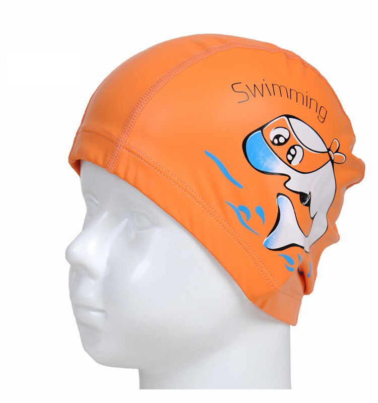 Children's Swimming Cap PU Cartoon Print Boys and Girls Swimming Elastic Hat Swimming Pool Cap Ear Protection Children Cap: Orange