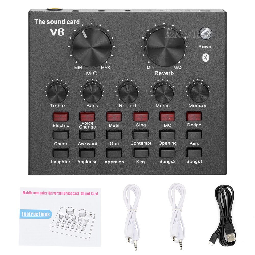 Recording Mixer V8 Sound Card With Bluetooth Audio Interface Mixing Console Studio Phantom Power For PC Microphone: V8 Sound Card