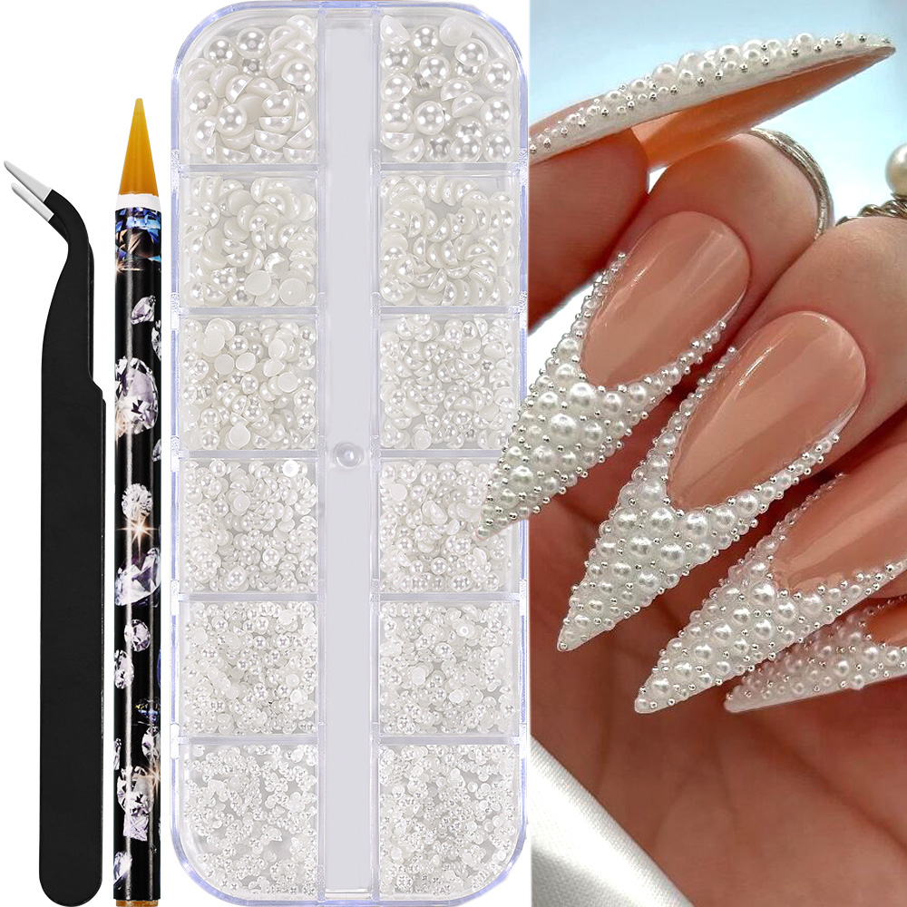Perles demi-rondes à 12 grilles, breloques 3D pour ongles, 1.5/2/2.5/3/4/5mm, perles blanches à dos plat, bijoux pour ongles, artisanat des ongles, strass: WHITE