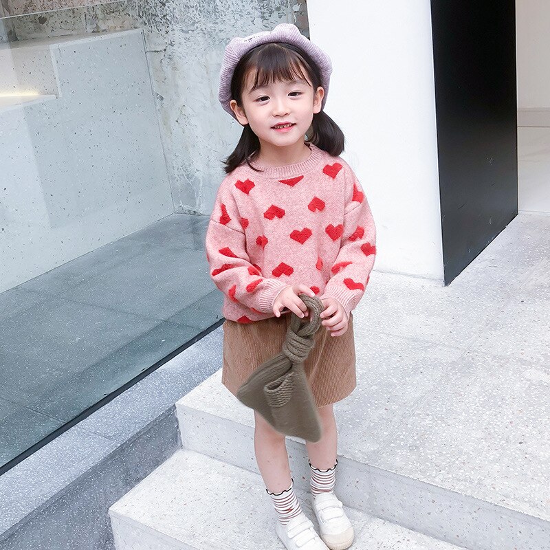 Baby Girls Sweater Spring Autumn Kids Cute Heart Print Knitwear Girls Pullover Sweater Knitted Sweater Children's Clothing: 3T