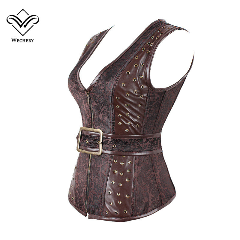 Wechery Brown Steampunk Corset Gothic Clothing Sexy Jacquard PU leather Steel Boned Zip Buckle Corsets And Bustiers