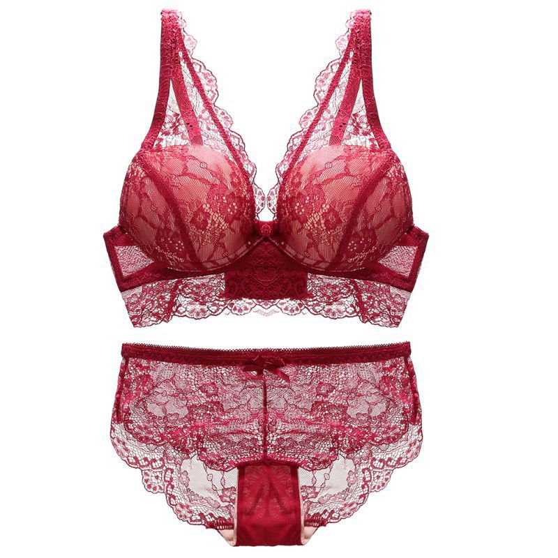 Lace Hollow Out Bralette Underwear Panty Set Women Sexy Lady Push Up Bra Set: Red / 75B