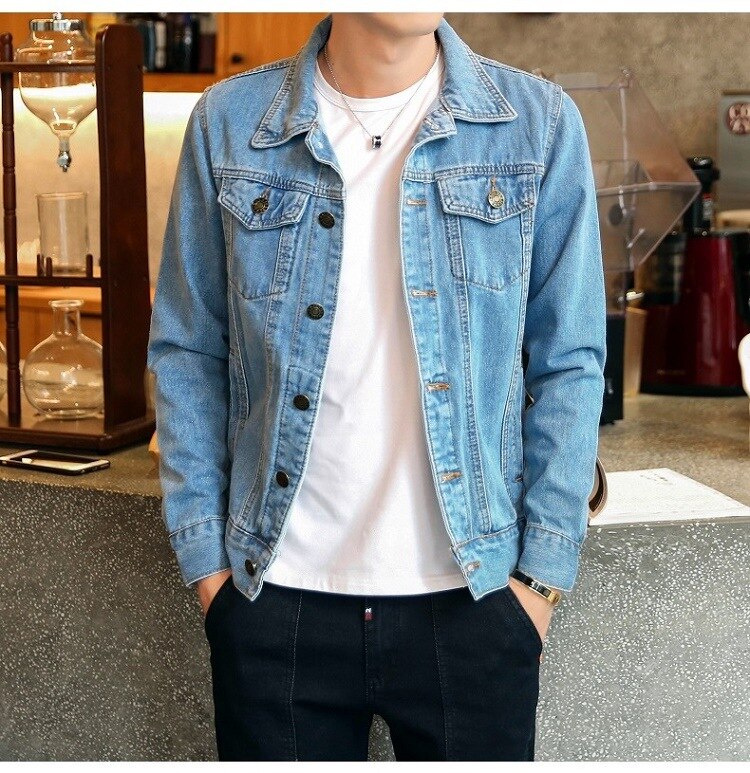 Solid Casual Slim Mens Denim Jacket Plus Size 4XL Bomber Jacket Men Cowboy Men&#39;s Jean Jacket Hombre Male: LightBlue / 4XL