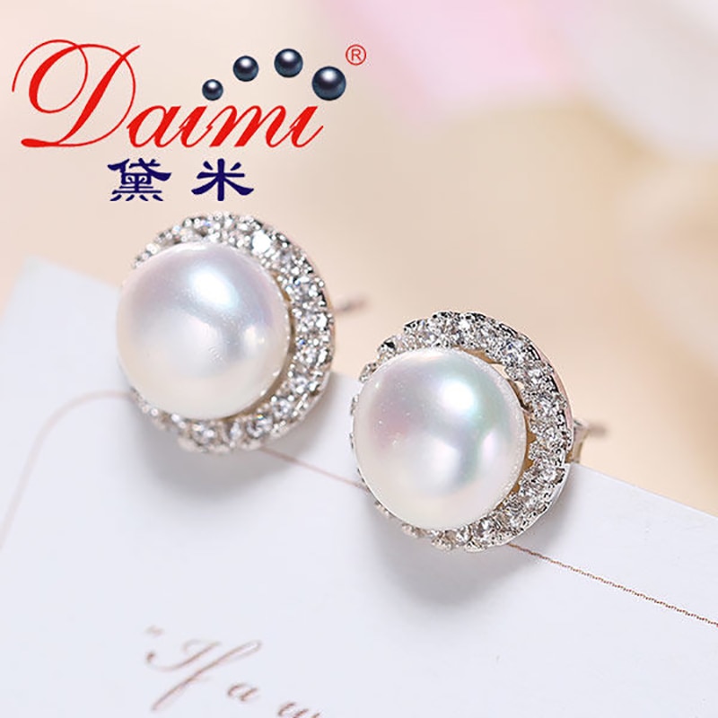 DMCEFP028 7-8MM Pearl Earrings Real 925 Sterling Silver Semi-Round Pearl Earrings For Women