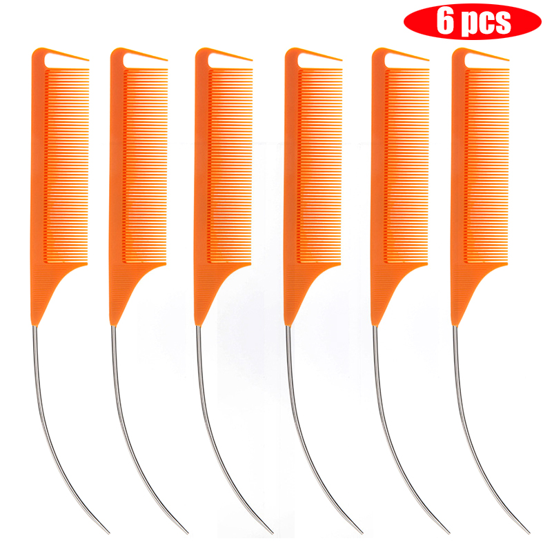 Peine de cola curvada puntiaguda para estilismo del cabello, Color caramelo , para partición de peluca, tinte para el cabello trenzado y herramienta para el cabello, 6 uds.: Negro