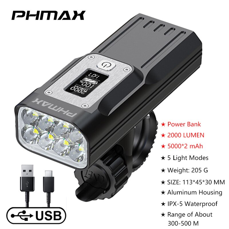 PHMAX Fahrrad Licht 2000 Lumen Scheinwerfer Regendicht Fahrrad Taschenlampe Vorderseite Lampe MTB Straße USB Ladung Rücklicht Fahrrad Laterne: QD-3501