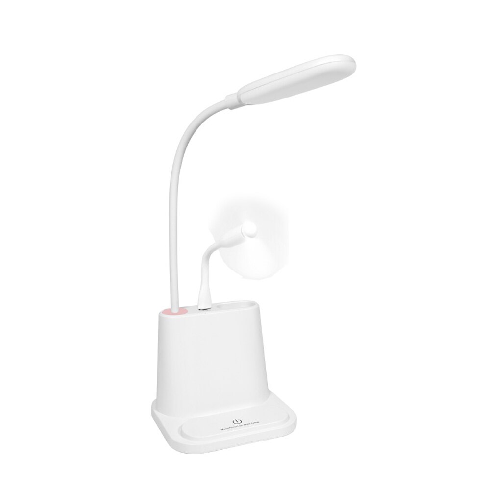 Lampe de bureau à led avec chargeur usb, veilleuse, réveil, thermomètre, calendrier, variateur à 3- niveaux, lampe de table avec porte-stylo et ventilateur: Éventail blanc c