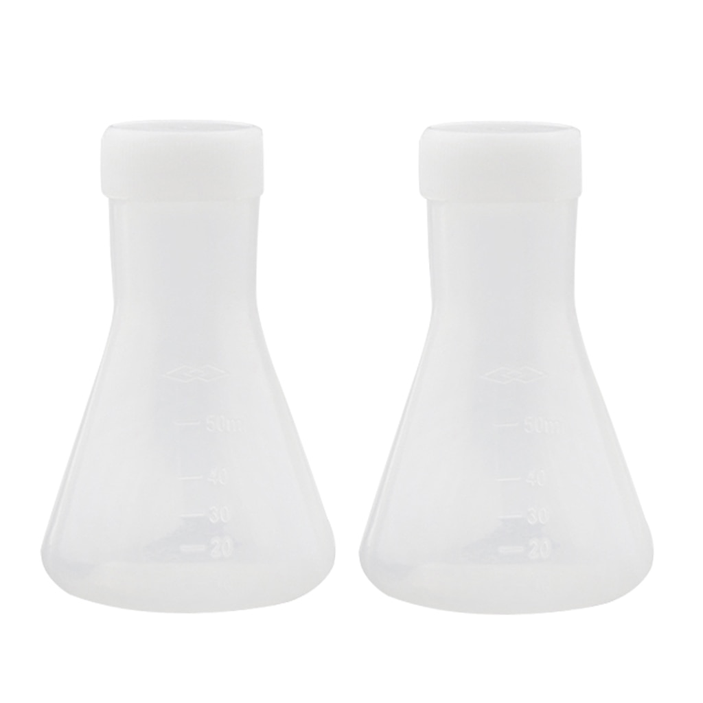 2 piezas 50ml Lab graduado matraz Erlenmeyer de plástico cónico con tapa, medición, pared engrosada lisa