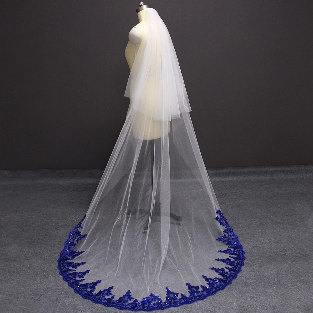 Bling Pailletten Royal Blue Lace Wit Ivoor Tulle Wedding Veil 2 Layer met Blusher Cover Gezicht Bruidssluier kam