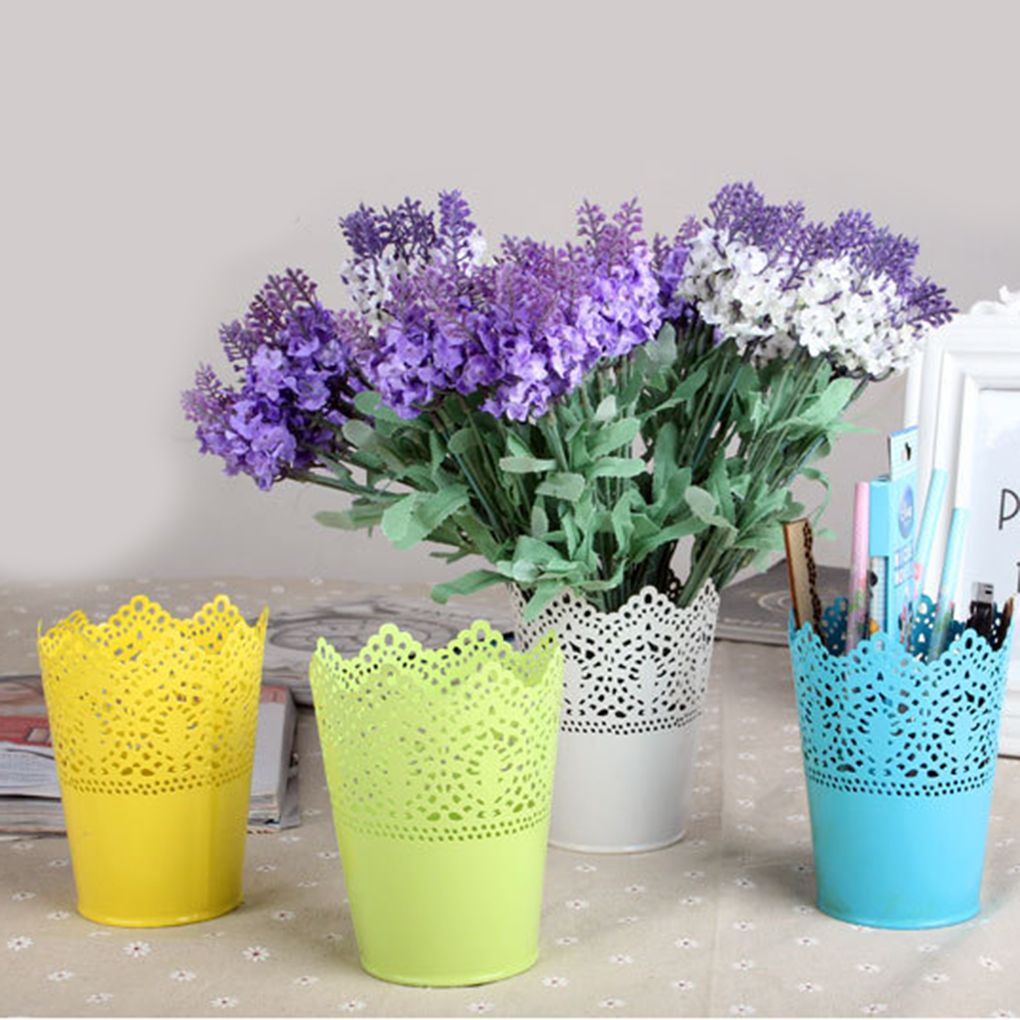 Maceta clásica de encaje para flores, soporte para escritorio, maceta de hierro para flores, maceta para plantas de Color sólido, herramientas de decoración de jardín para el hogar con bandeja