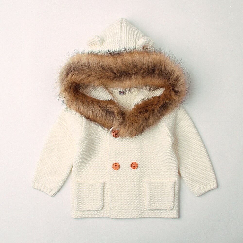Babykleding kindertruien jongens capuchon bontkraag gebreide jas lange mouwen herfst- en winterjas babymeisje winterjas