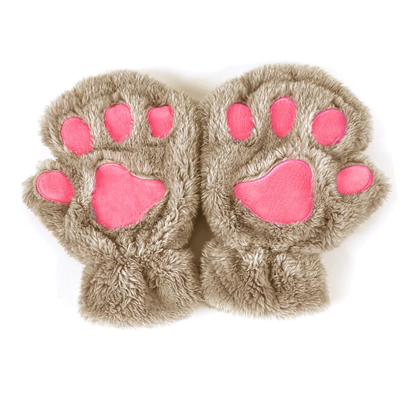 Winter Women Cute Cat Paw Claw Plush Mittens Short Fingerless Finger Half Gloves -Y107: Light Coffee