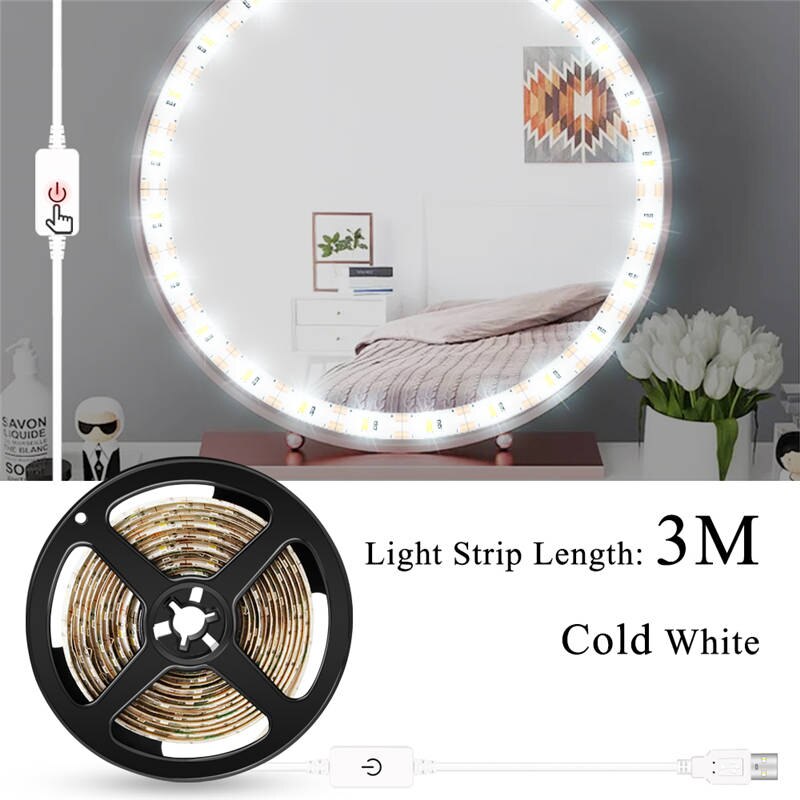 CanLing Vanity Mirror Light USB 5V Touch Switch Dimmable Makeup Mirror Wall Lamp Decor Bathroom Dressing Table Beauty Light Bulb: Cold White 3m