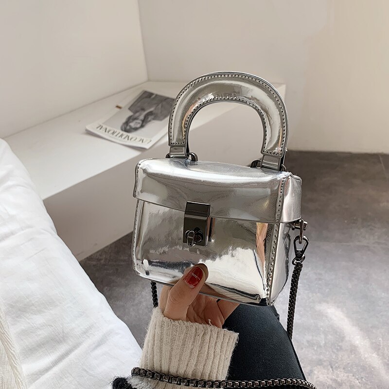 Spiegel vierkante tas hoge lakleren dames handtas slot ketting schoudertas messenger bag: Zilver