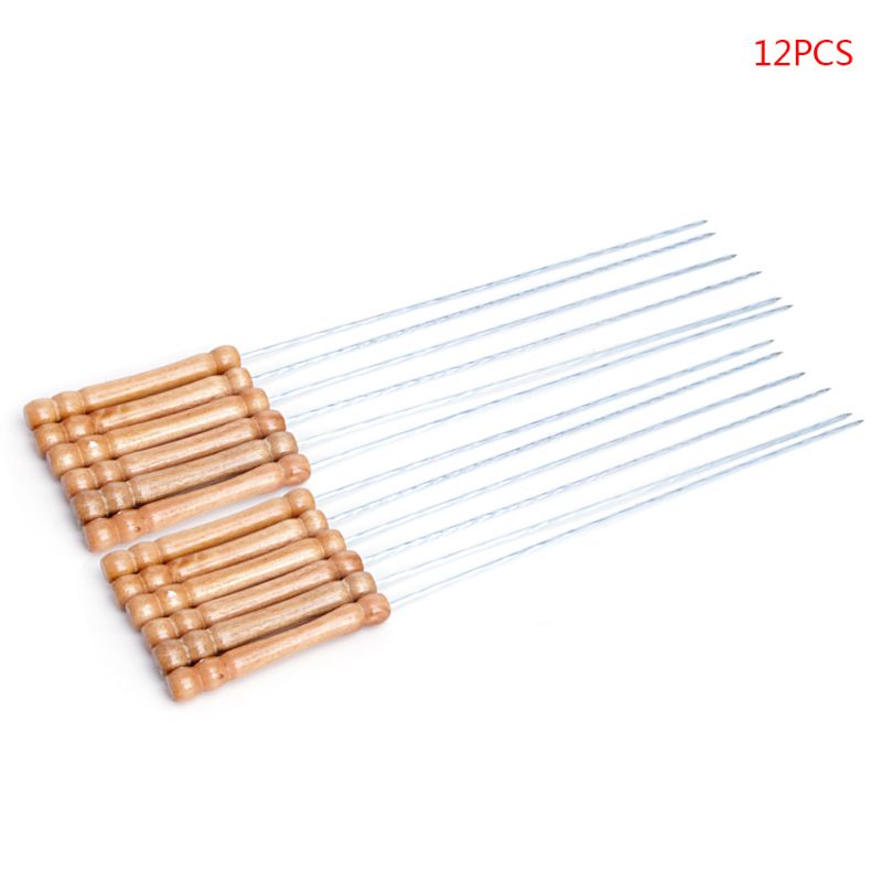 12PCS Stainless Steel BBQ Roast Barbecue Skewer Grill Kebab Needle Stick Wood Handle Kitchen Outdoor Cooking Camping BBQ Tool