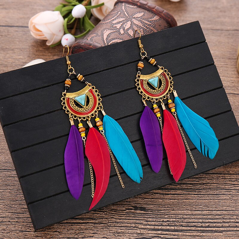 Pendientes colgantes de plumas bohemios para mujer, aretes largos de cuentas con borlas, joyería para , banquete,: E1511-3