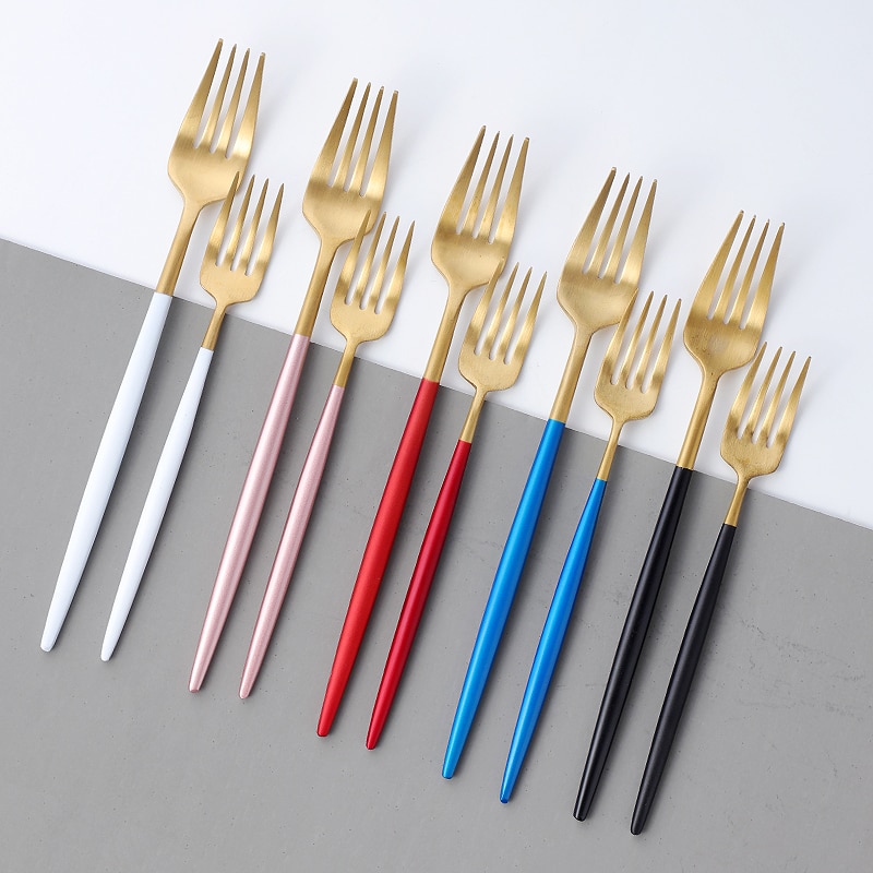 KuBac 6-Stuks Zwart Wit Goud Zilverwerk Rvs Rode Diner Vorken Blauw Dessert Vork Metalen Dessert Vork Set roze Zwart