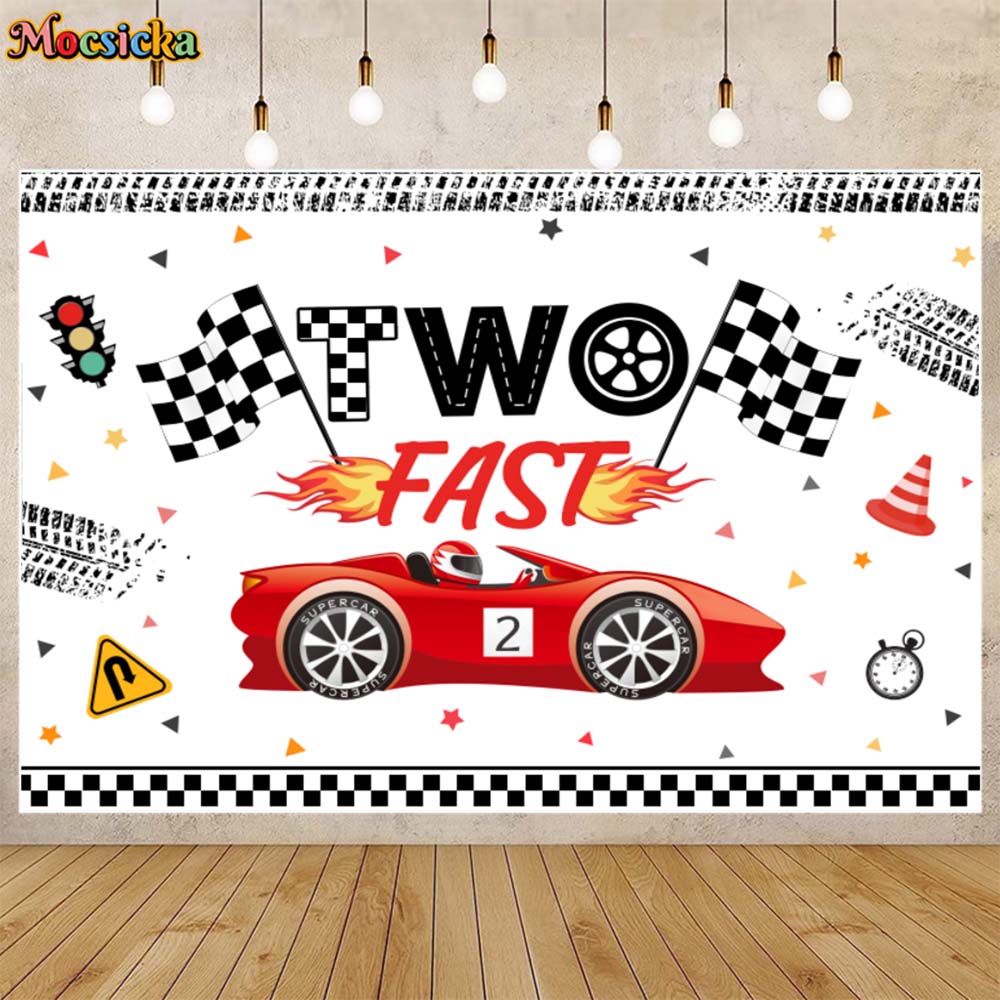 Mocsicka DUE VELOCE Felice 2° Compleanno Sfondo fotografico Rosso Auto da corsa Ragazzo Compleanno Festa Decor Sfondo fotografico Banner personalizzato
