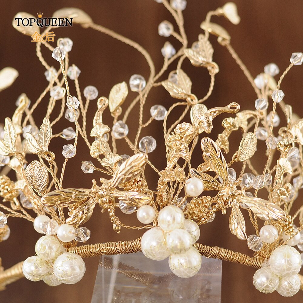 TOPQUEEN Wedding Tiara and Crown Pearl Bride Hair Jewelry Handmade Crystal Wedding Hair Accessories Bridal Headpieces HP214