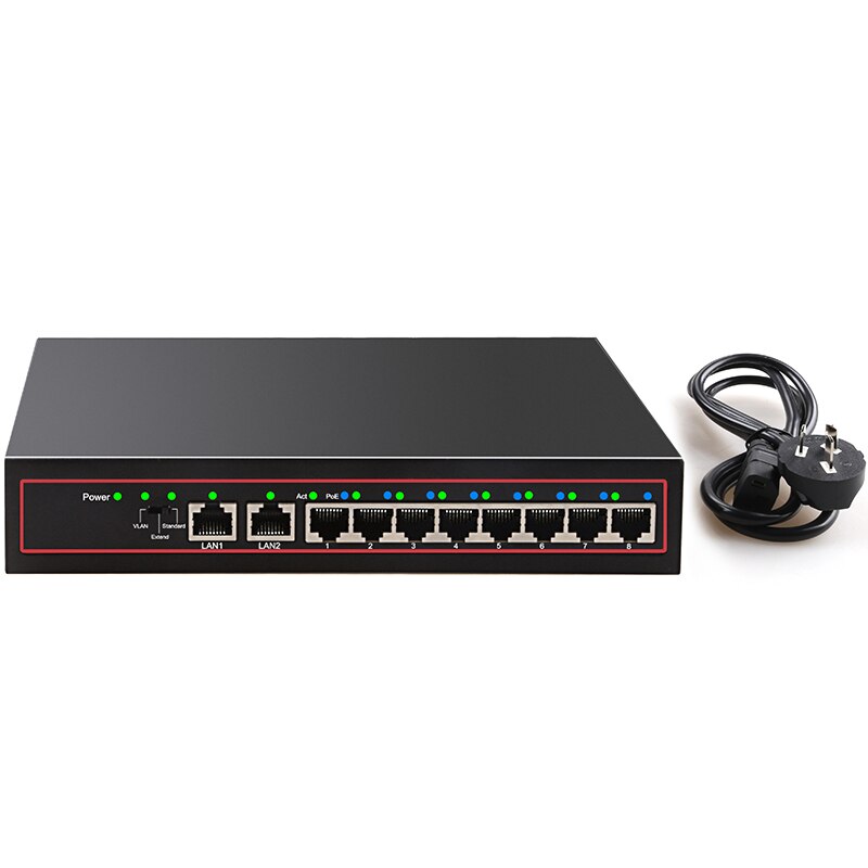 Metal 10/100M 52V standard 10 ports RJ45 Vlan function POE Network lan HUB switch IP camera switcher