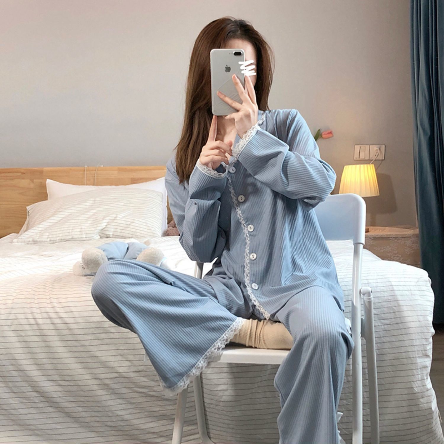 Conjunto de pijama de estilo japonés para mujer, ropa de dormir Popular, de lazo, Chic, Ulzzang, cuello vuelto, suelto y cómodo, otoño