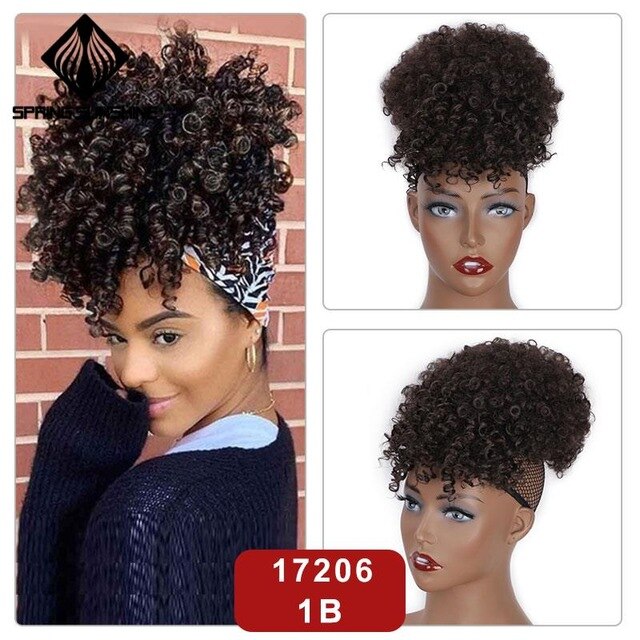 6inch Short Afro Puff Synthetic Hair Bun Kinky Curly Chignon Hairpiece For Women Drawstring Ponytail Updo Hair Extensions 1PC: 17206-1B