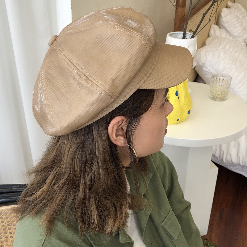 Leather Vintage Berets Painter Hat Autumn Winter Caps Male Female Casual Solid Color PU Leather Octagonal Cap
