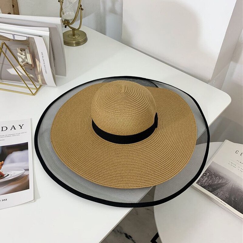 sol sombreros para las mujeres de ala ancha Floppy sombrero de paja de verano Bohemia playa tapa cinta sombrero negro: Khaki
