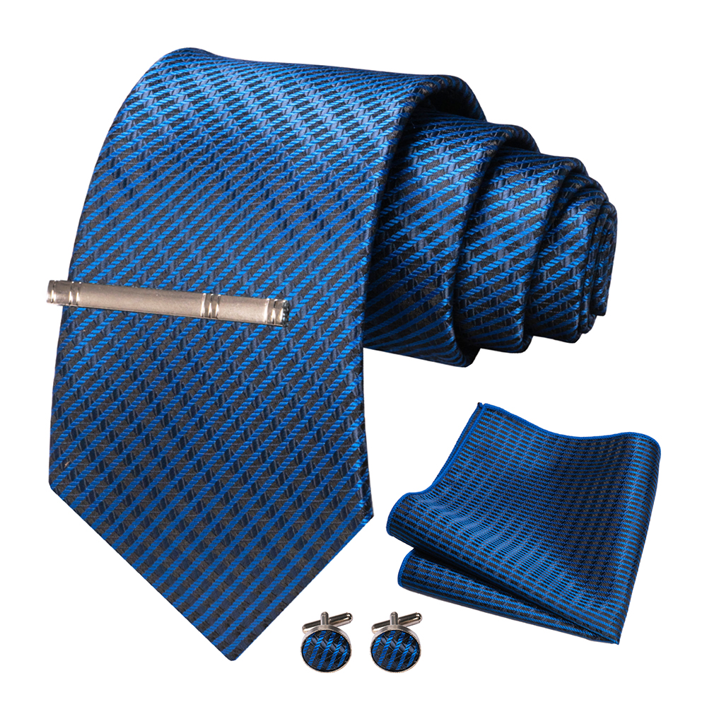 JEMYGINS – cravate en soie pour hommes, ensemble de boutons de manchette, à carreaux, rayures, bleu marine, 100%: 012