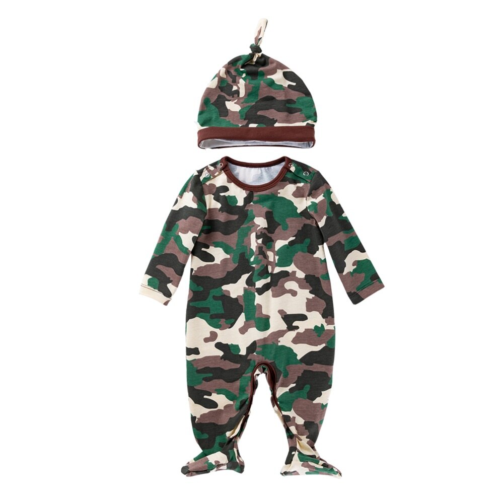 0-24M pasgeboren baby Footies jumpsuit mode camouflage lange mouw gewikkeld jumpsuit + hoed 2 Stuks baby kleding