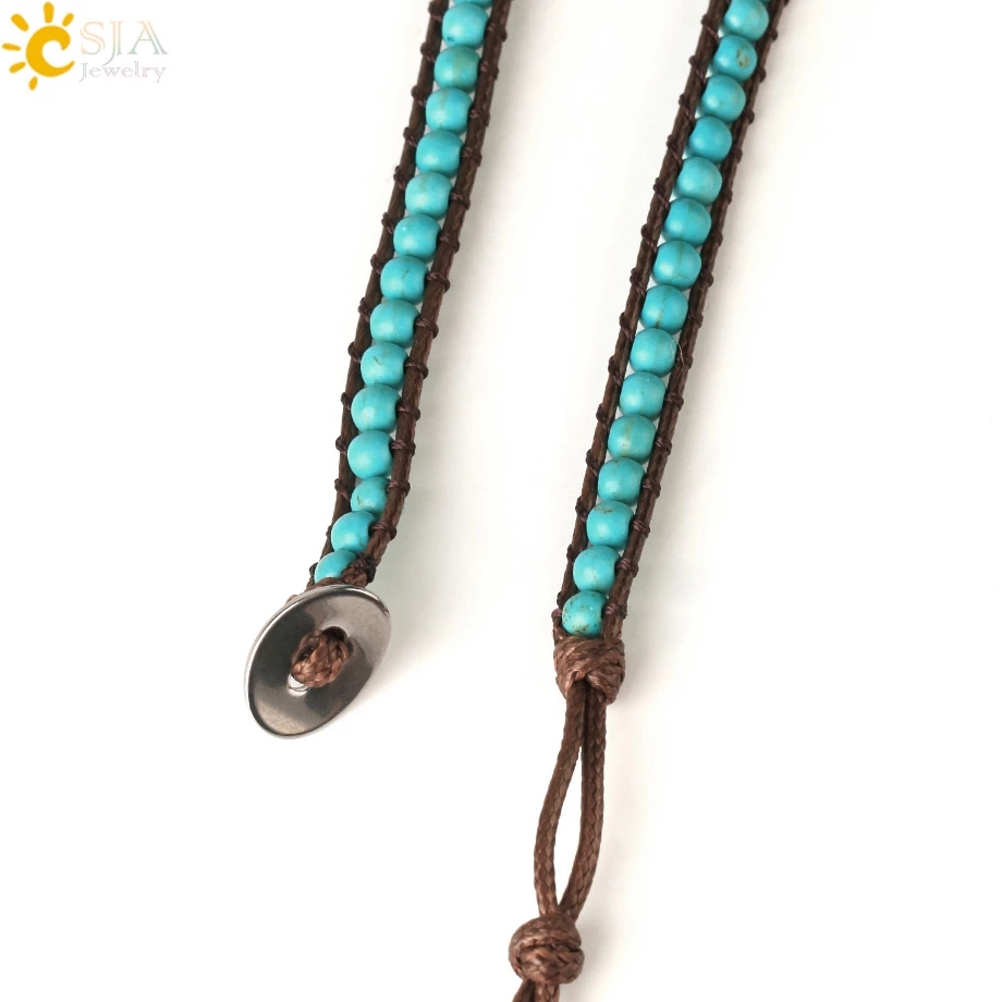 CSJA Turquoise Man Bracelet Bohemian Handmade Braides Bangle Indian Agate Crystal Beaded Double Layer Bracelets Women Homme S625