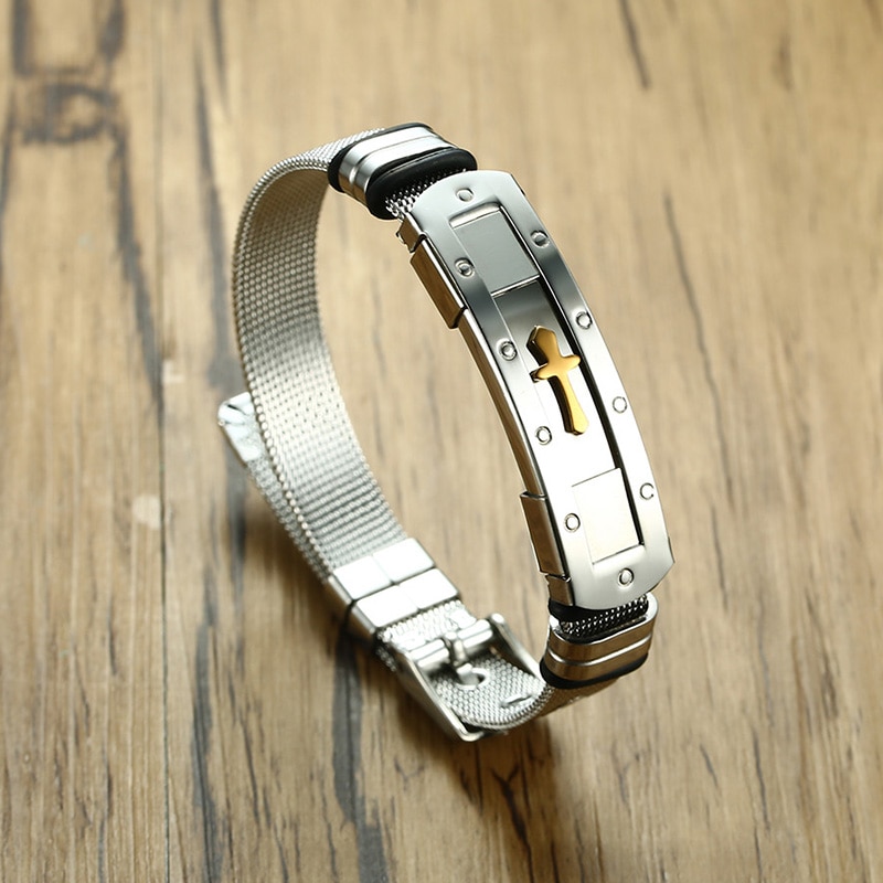 ZORCVENS – ceinture en maille d&#39;acier inoxydable pour hommes, 12mm, Bracelet de montre, croix, breloque, chrétien, fermoir à boucle réglable