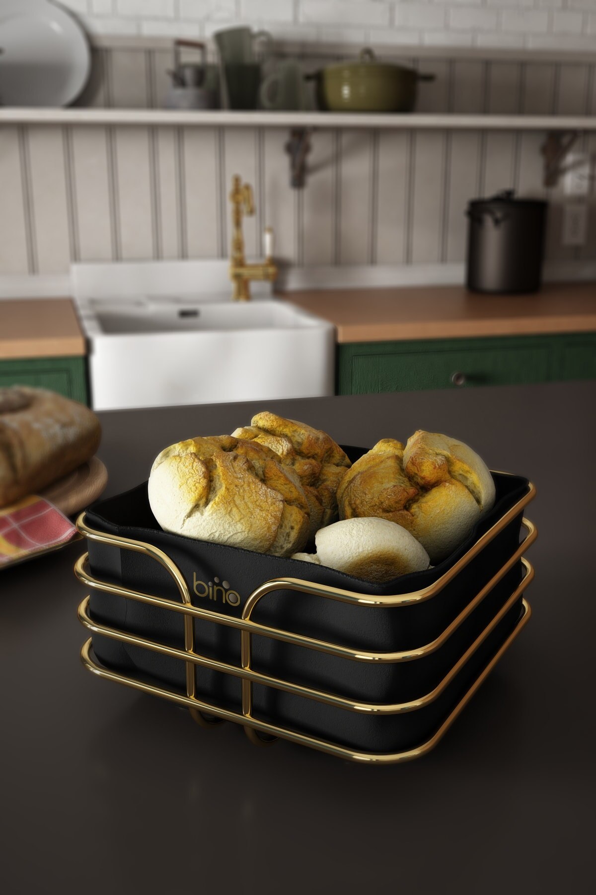 Breadstuff Bread Basket Multi-Purpose Metal Box Lux Gold Stainless Basket Black Fabric