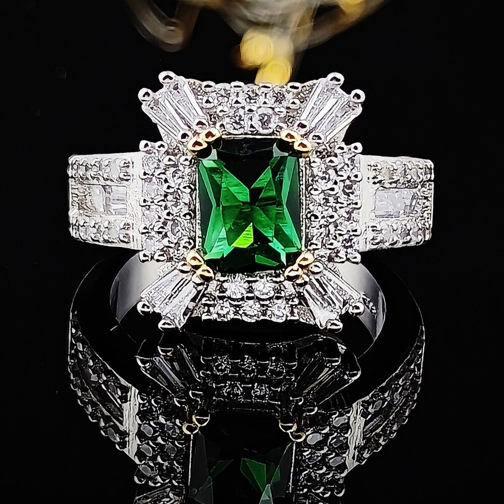 2022 Luxe Groene Kleur Prinses Zilveren Kleur Engagement Ring Voor Vrouwen Anniversary Sieraden R5476
