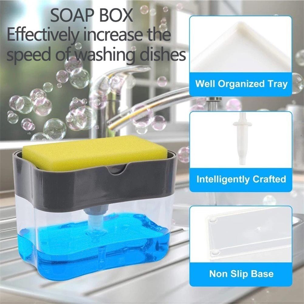 Dispensador de detergente para lavavajillas, recipiente para detergente líquido, caja de esponja, soporte de esponja, almohadillas de limpieza