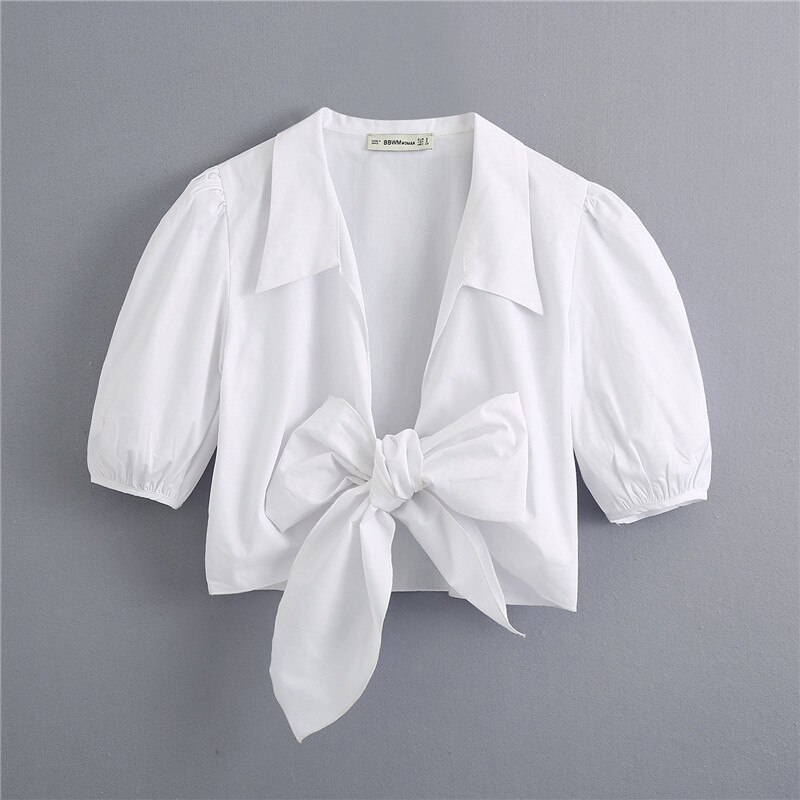 Hsa søt hvit sløyfe kant all-match bluser sommer bomullstopper dame kortermet uformelt kontor dame blusas skjorter: L