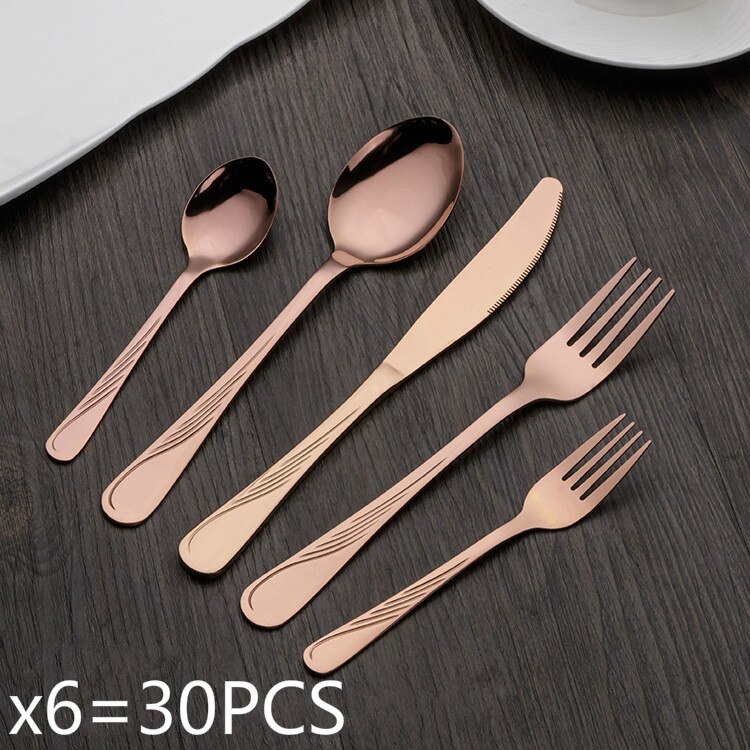 24/30 PCS Western Food Stainless Steel Cutlery Set Gold-plated Magic Cutlery Spoon/Fork/Knife Kit Dinnerware Sets: Rosegold 30 PCS