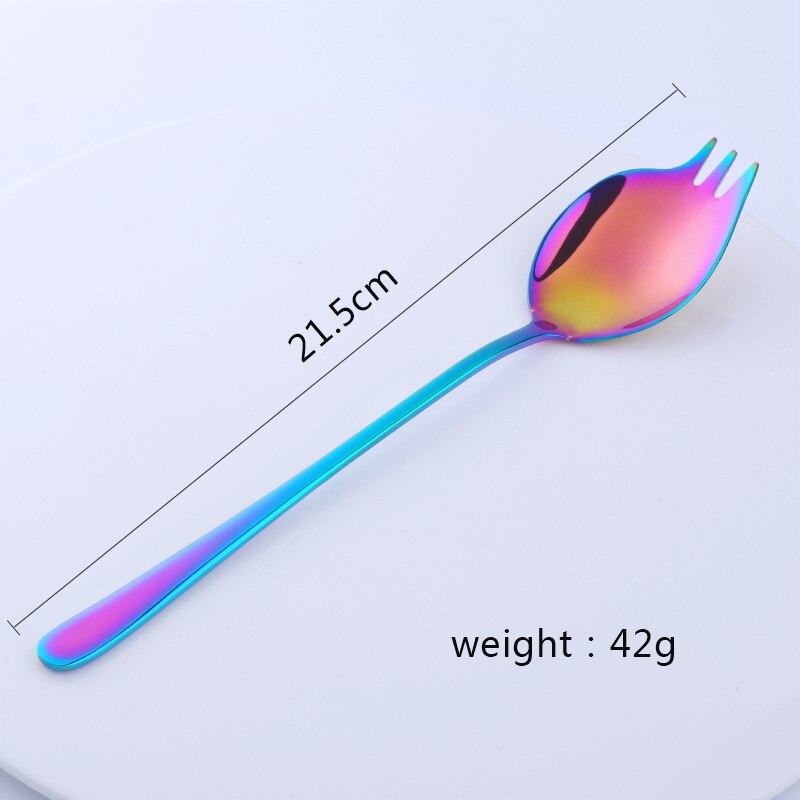 2 in 1 Salad Forks Spoon 304 Stainless Steel Three Tooth Multifunction Dessert Snack Fruit Forks Kitchen Tableware: rainbow