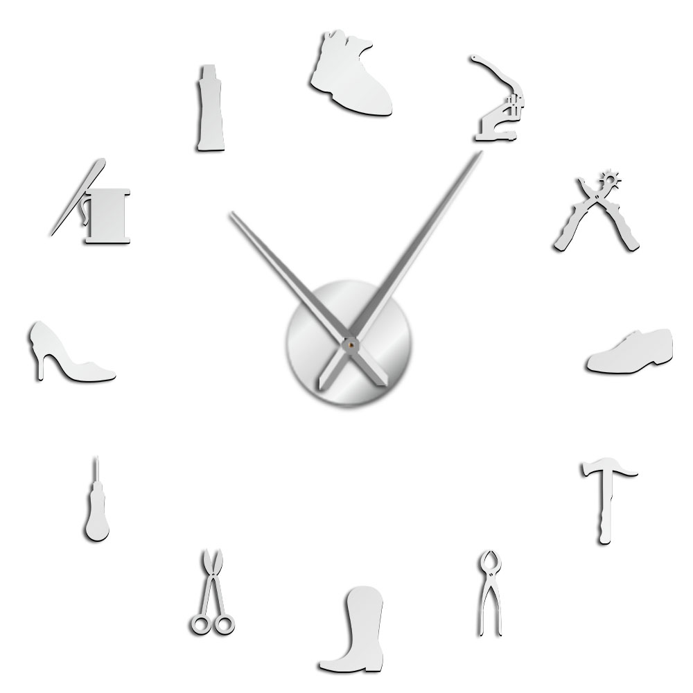 Shoe Repair Wall Art DIY Giant Wall Clock Cobbler Frameless Large Silent Watch Shoe Store Shoe Archer Shoemaker Room Decor: Silver / 47 Inch