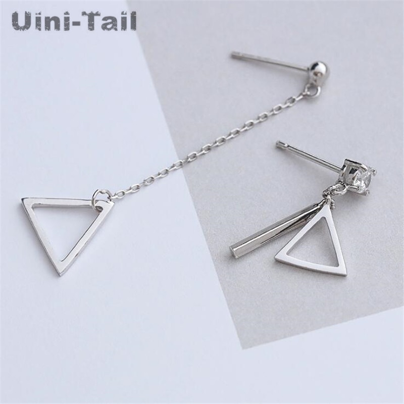 Uini-Tail 925 sterling silver hollow triangle asymmetric micro-set earrings simple trend long ear wire GN803