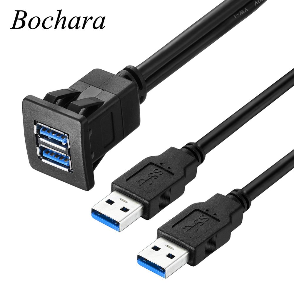Bochara Dual USB3.0 USB2.0 Man-vrouw Inbouw Panel Dashboard Kabel Afgeschermde Voor Auto Motor 1 M 2 M