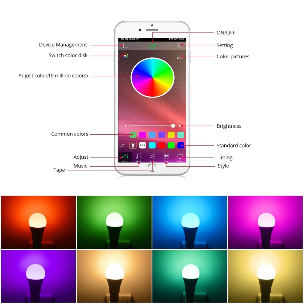 Smart Light Bulb E27 LED Bulb Light Dimmable Bluetooth 4.0 APP Neon Dream Color Wireless Magic Music Control Light AC85-265V